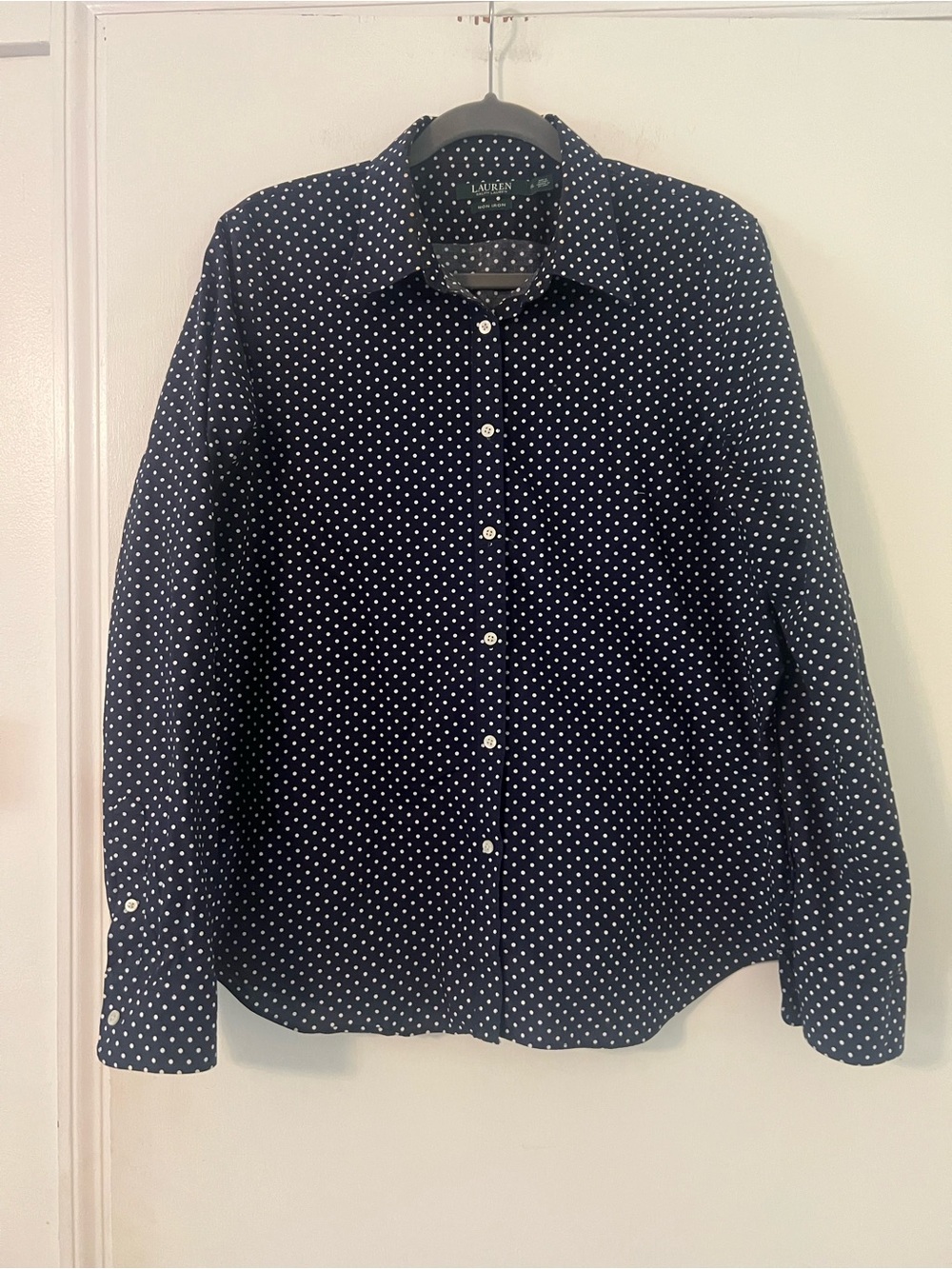 Lauren Ralph Lauren Navy Polka Dot Long-Sleeve Shirt no iron size XL (U113)